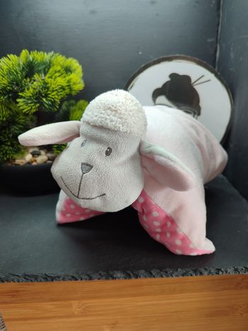 Doudou coussin mouton rose peluche blanc gris pois kiabi kitchoun nicotoy Pliant