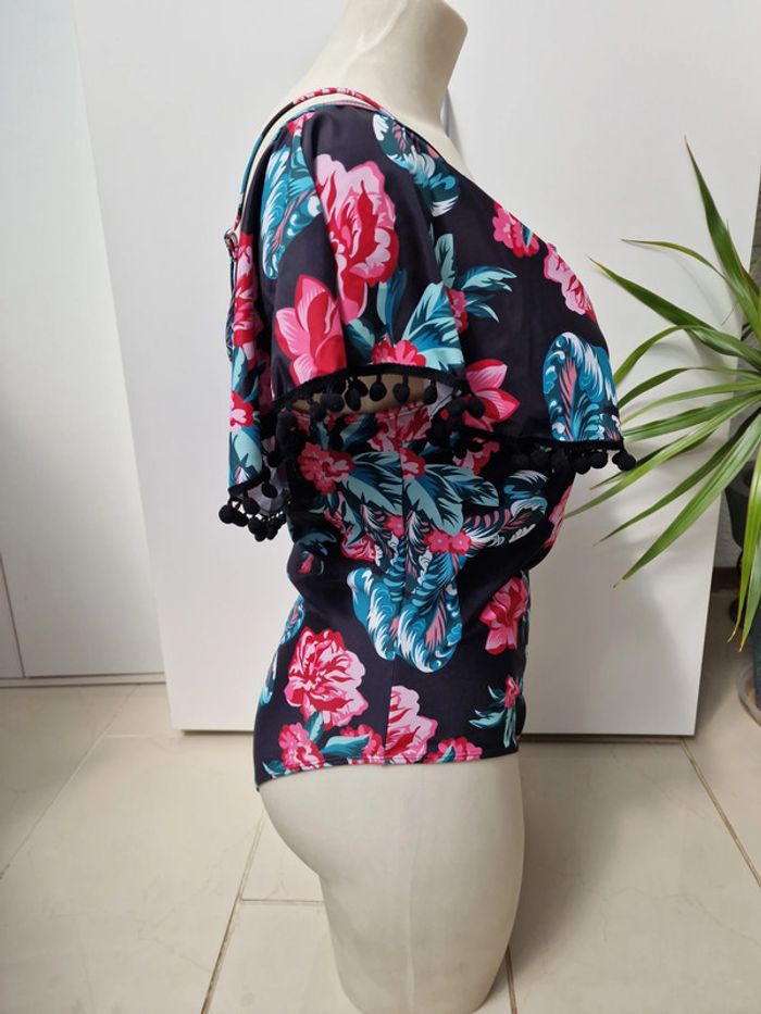 Maillot de Bain Tankini Une Piece Col Bateau Pompons Fleurs Taille 2XL 48 - photo numéro 5