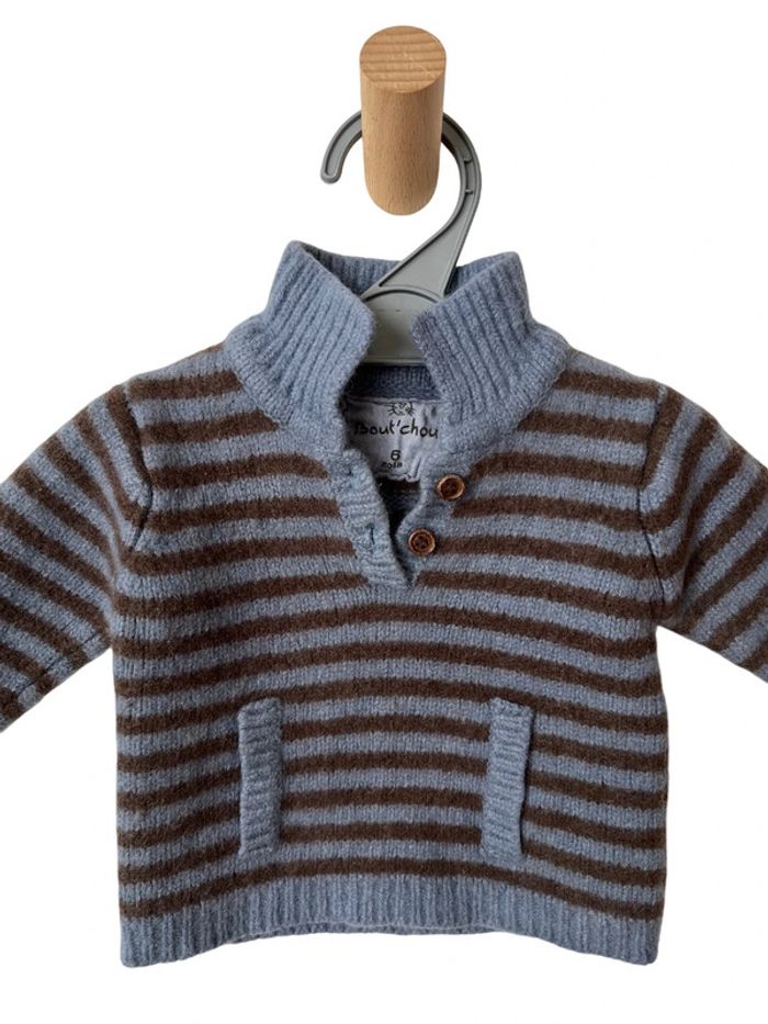 Pull rayé marron et bleu (laine) - Bout'chou 6 mois (67cm) - photo numéro 2