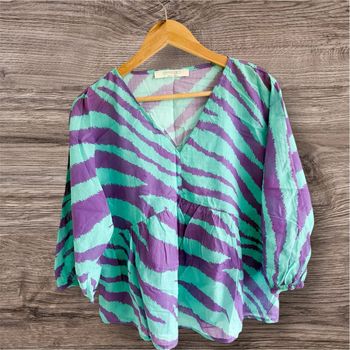 Blouse manches 3/4 col V turquoise mauve emablues taille 36 S