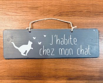 Pancarte maison plaque murale décoration « J'habite chez mon chat »