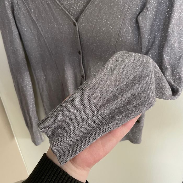 Gilet gris pailleté Bonobo Jeans Taille M fil métallisé décolleté V manches longues - photo numéro 4