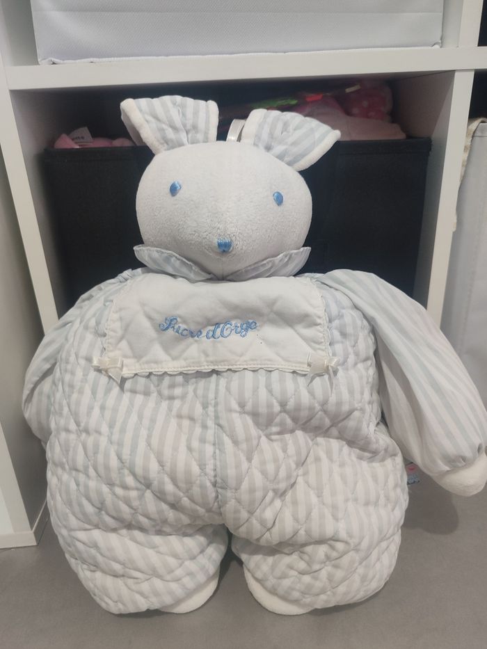 Doudou Lapin rayé bleu coussin Sucre d'orge range pyjama peluche ancien blanc