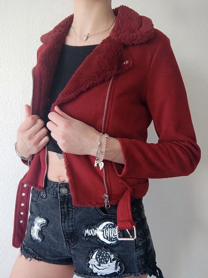 Perfecto blouson veste daim col fourrure rouge foncé / Pimkie - 36/S à 38/M - photo numéro 6