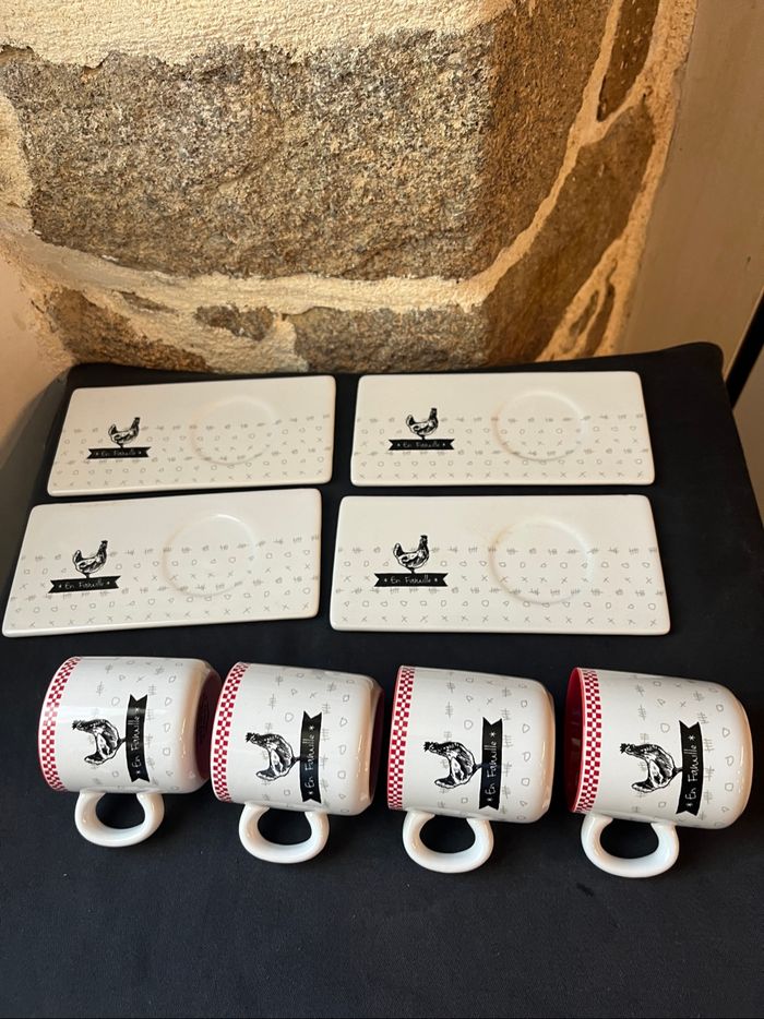 Magnifique lot de 4 tasses et 4 sous tasses  style campagne, poules - photo numéro 5