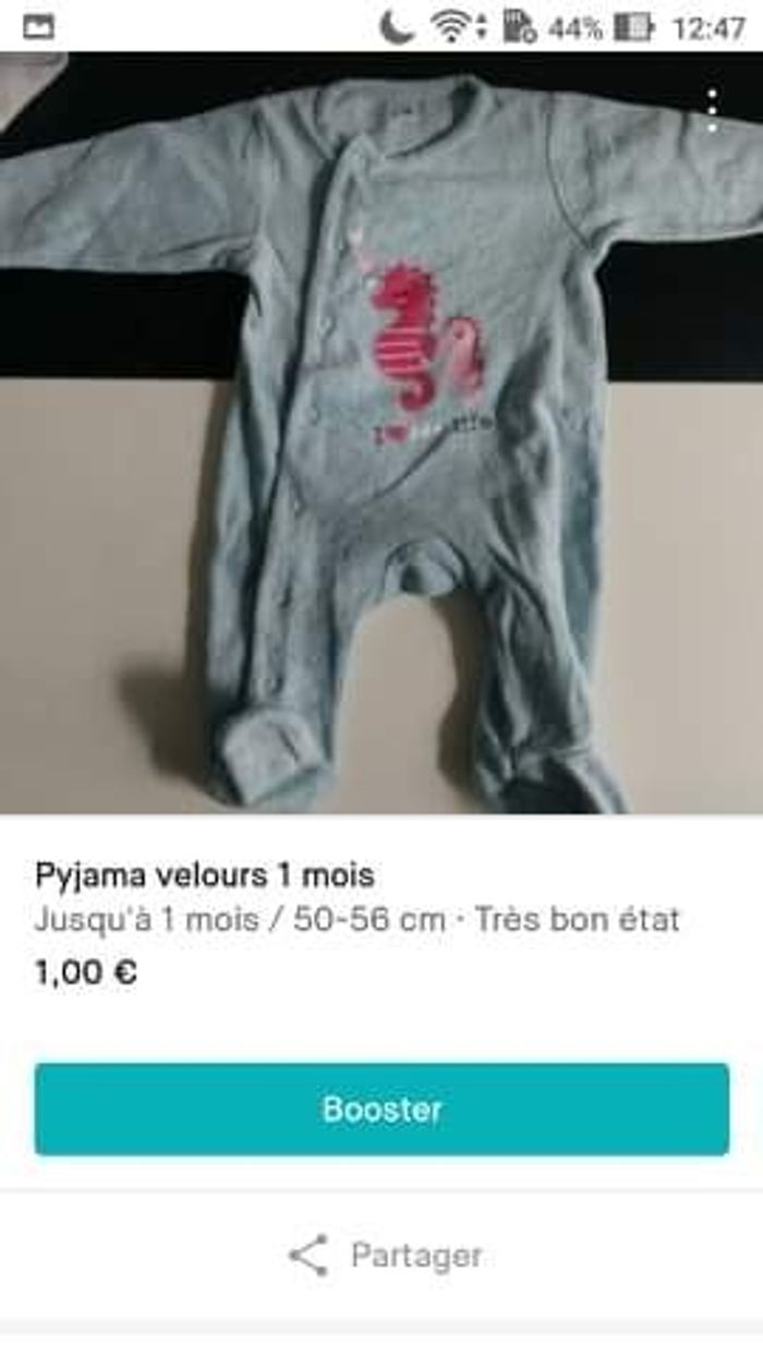 Pyjama velours 1 mois hypocampe