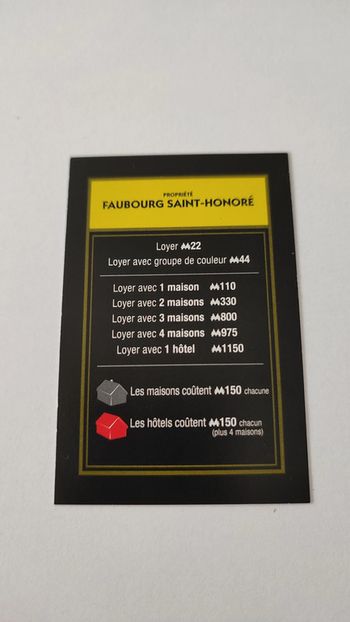 Carte Faubourg saint-honoré pièce jeu de société Monopoly mauvais perdants Hasbro Gaming #B77