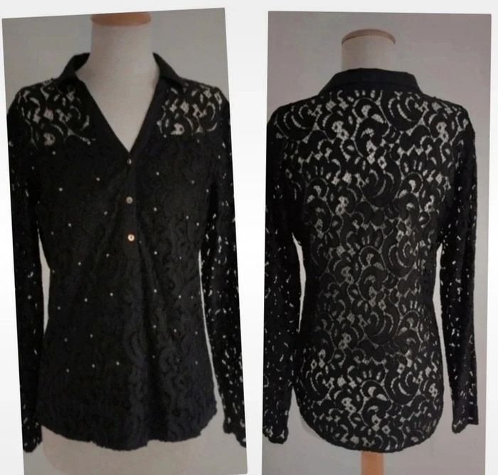 Magnifique blouse noire asymétrique en dentelle et clous dorés Madison taille 38