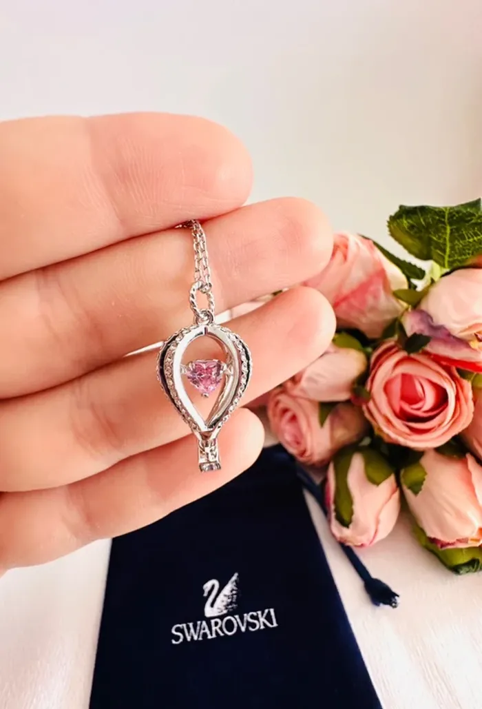 🎈Collier Swarovski montgolfière argenté cœur rose mobile – avec pochon - photo numéro 9
