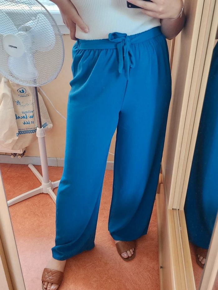 Pantalon à jambes larges / palazzo bleu canard TU 36/40 - photo numéro 2