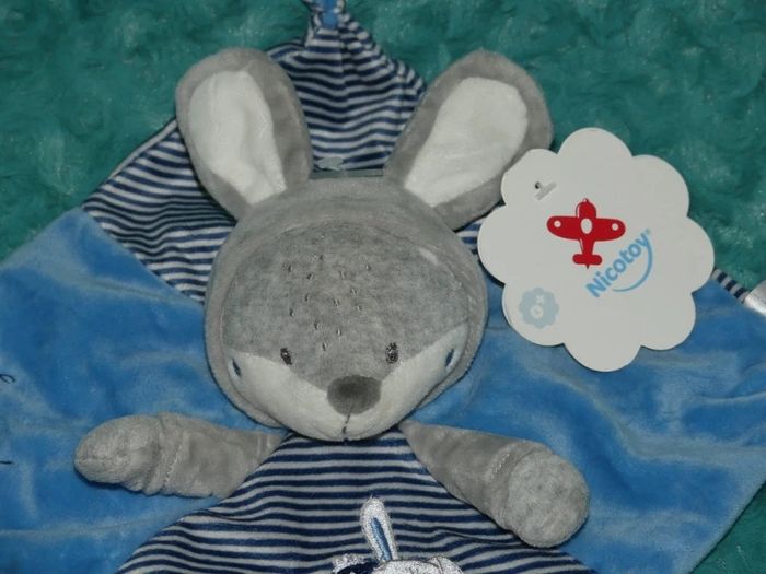 Doudou plat renard déguisé lapin bleu gris Nicotoy 🦊Neuf - photo numéro 2