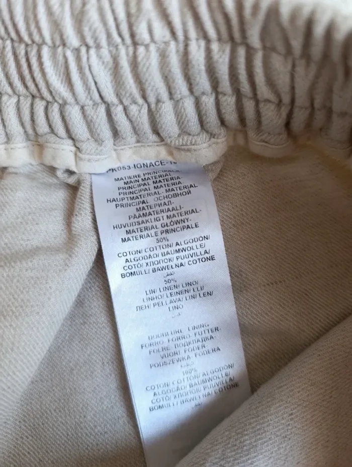 Pantalon Caroll beige crème en lin et coton 38 neuf taille élastique avec cordons - photo numéro 11
