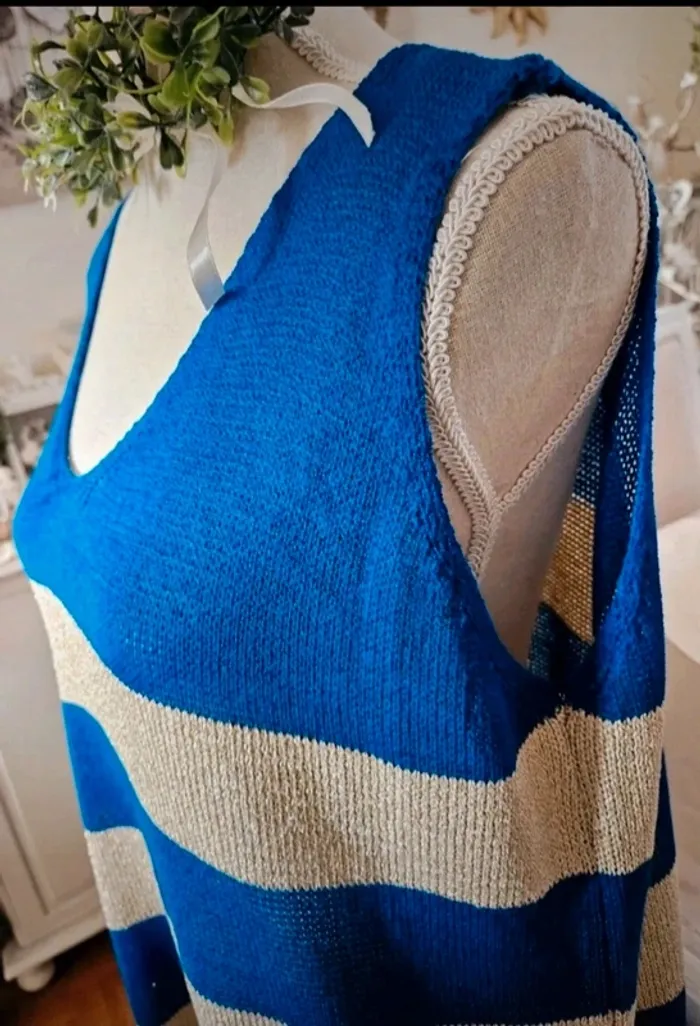 Haut sans manches bleu/beige doré style pull fin Sisi Fashion Taille L/XL Neuf - photo numéro 3
