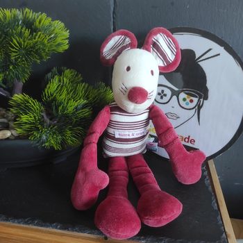 sucre d'orge Doudou souris bordeaux rouge rayé peluche marron