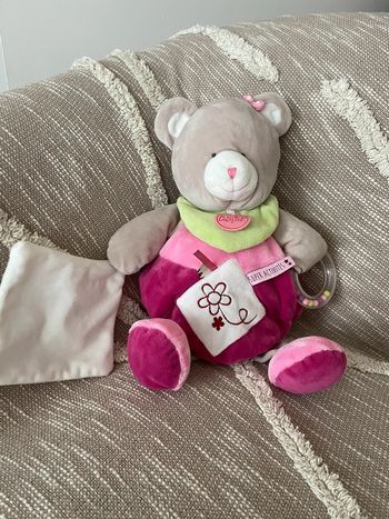 Peluche doudou mouchoir géant 43cm babynat ours gris rose et verte très bon état