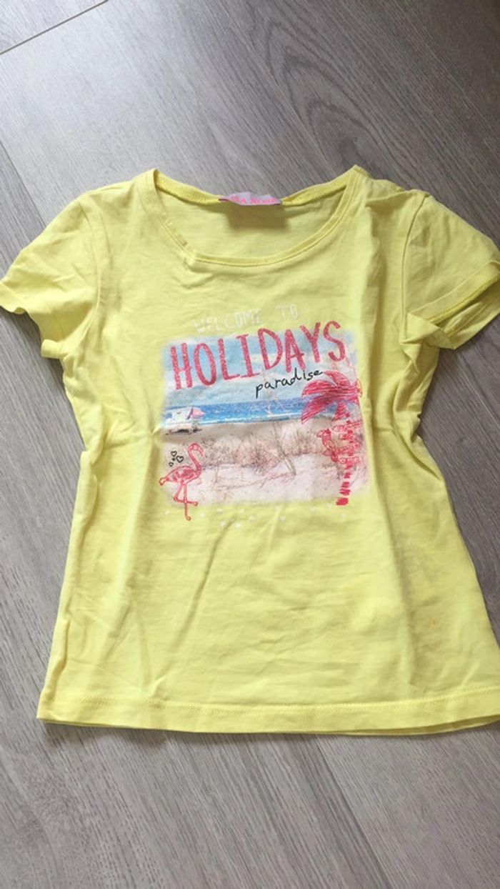 T-shirt fille 5 ans welcome to holidays paradise flamant rose