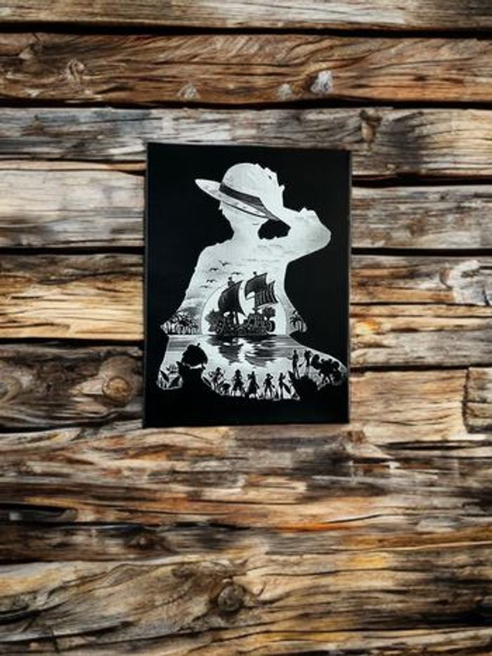 Tableau One Piece noir et blanc – Luffy et l’équipage, style silhouette en toile 30x40cm - photo numéro 4