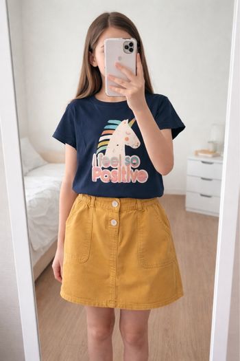 Ensemble jupe en jean moutarde et t-shirt marine licorne 8/10ans