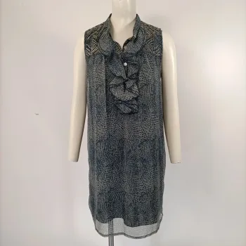 Robe sans manches imprimée bleu Ange taille M col volanté fluide légère chic A112