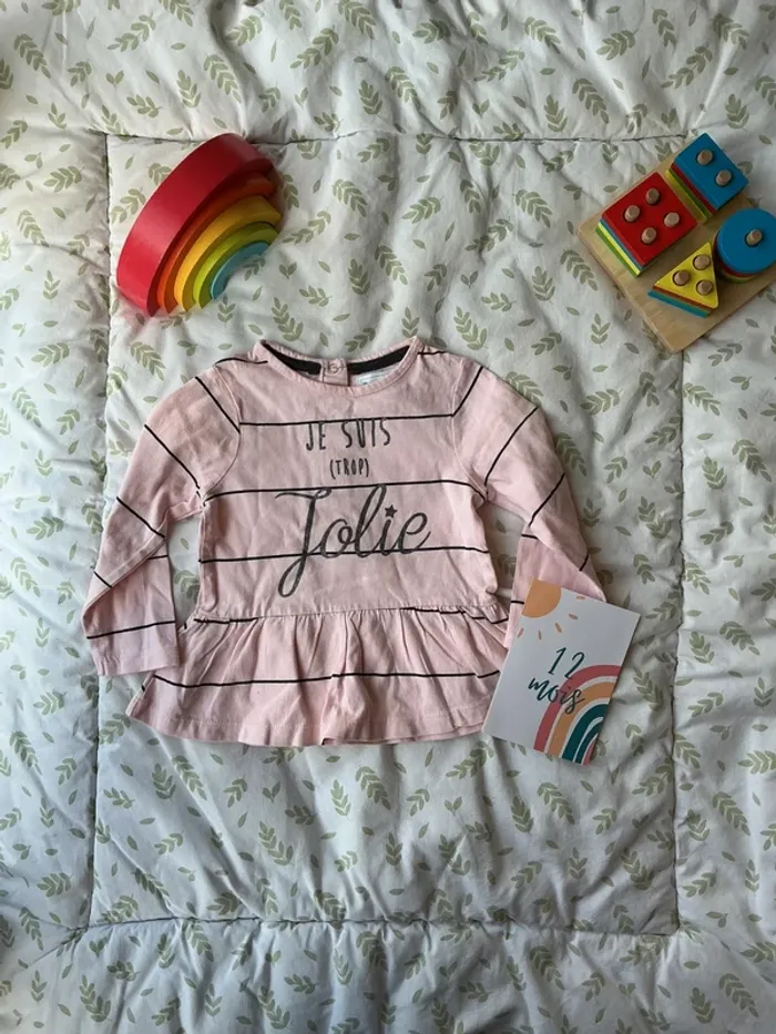 teeshirt manches longues rose rayures noir inscription devant 12 mois mes petits cailloux