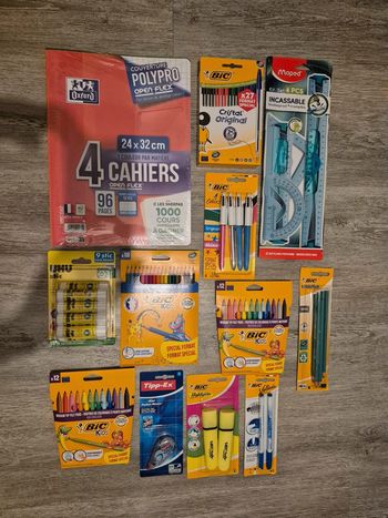 Lot fournitures scolaires cahiers 24x32 colle crayon couleur stylo bic feutre etc