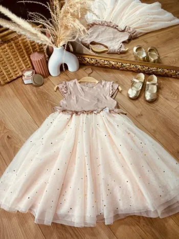 Taille 3-4 ans Robe longue créateur fille TAO beige crème doré * satin tulle étoile * 🌸