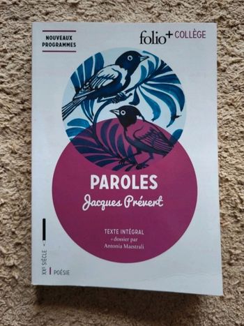 Recueil de poésies Parolesde Jacques Prévert œuvre de Troisième  Folio+ Collège