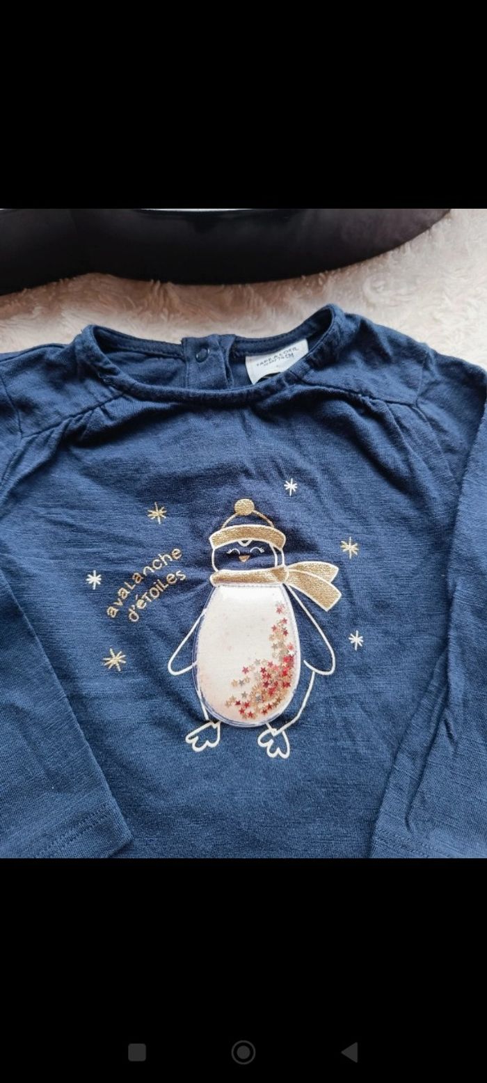 Tee shirt chemise manches longues Fille 12 mois pingouin Noël avalanche d'étoiles Tao 100% coton - photo numéro 4