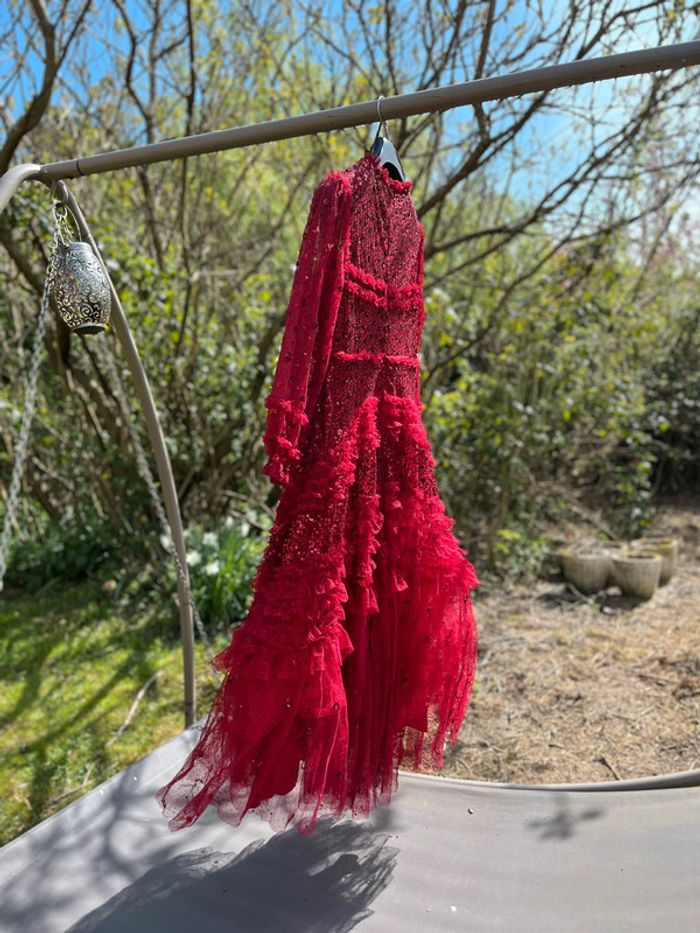 Robe longue Rouge voile paillettes jupon froufrou T 40 - photo numéro 3