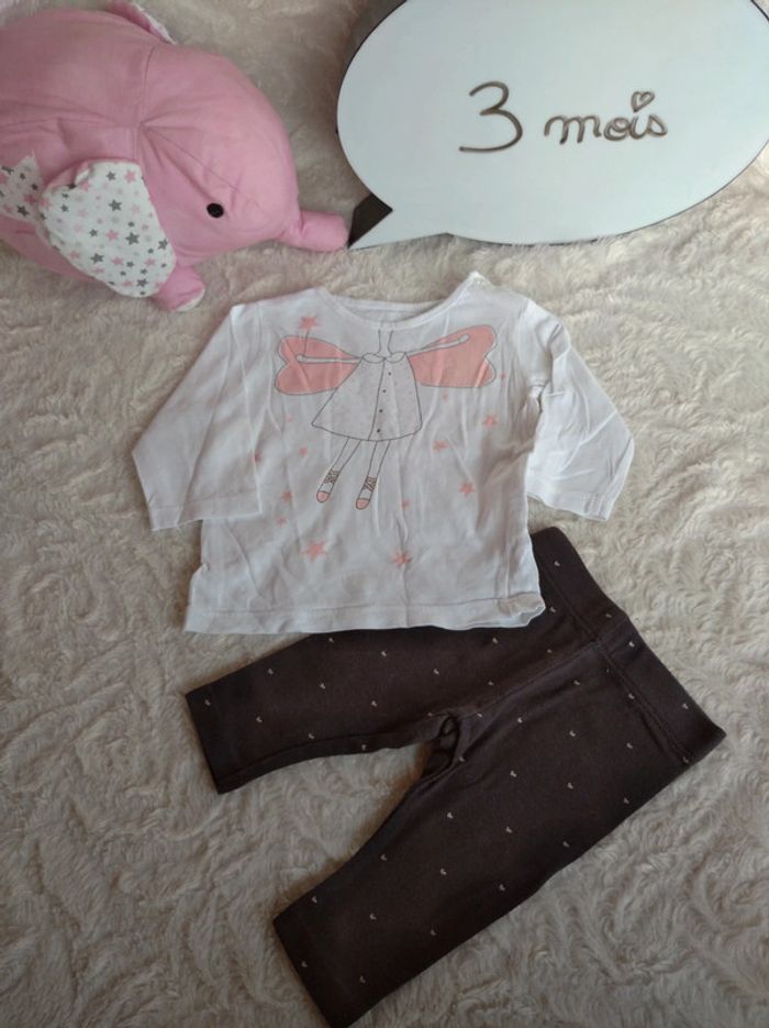 Ensemble (tee shirt manches longues fée+legging cœur) Fille 3 mois