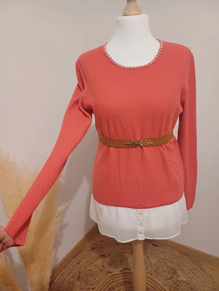 Pull chic rose/Corail avec Perles Anne Weyburn taille L 40 - photo numéro 8