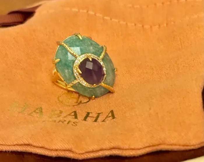 Grosse bague habaha Paris acier inoxydable or jade vert améthyste zircons réglable - photo numéro 6