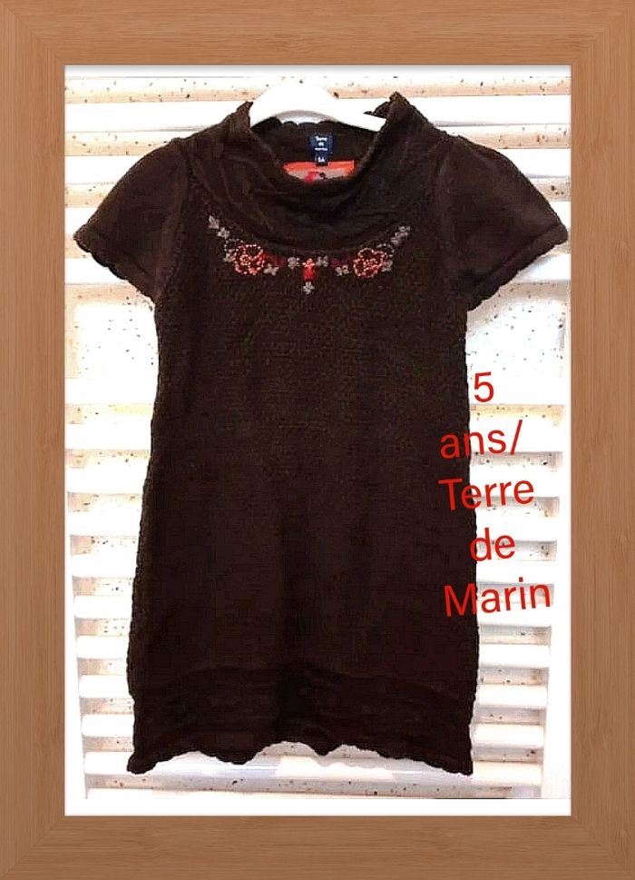 5 ans terre de marins robe en laine marron brodé fleurs orange /excellent état