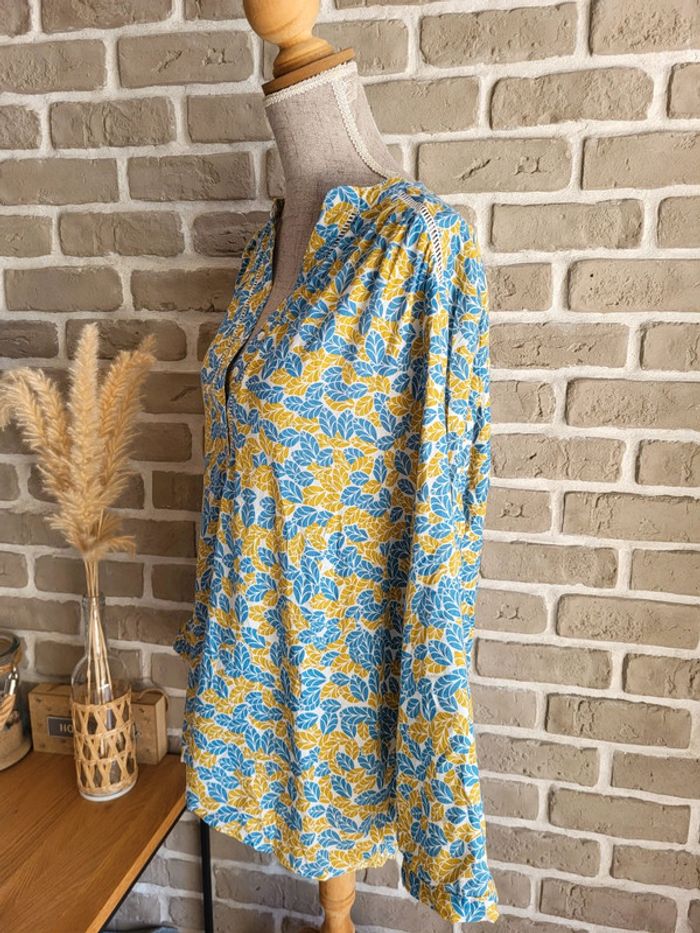 Blouse imprimée feuillage jaune moutarde et bleu clair - rétro champêtre - photo numéro 10
