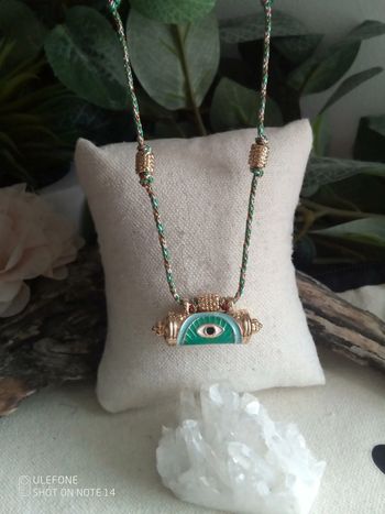 Collier talisman oeil et cordon en coton turquoise