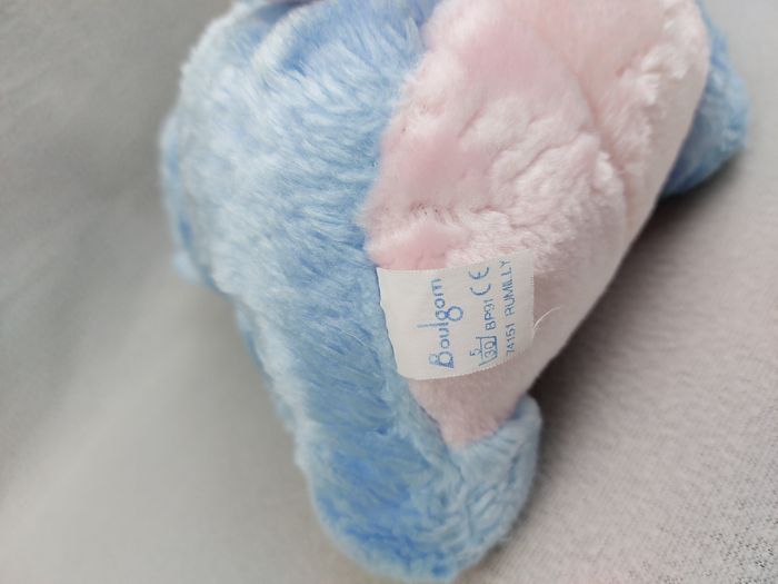 Peluche ancien doudou lapin BOULGOM bleu rose tissu rayé 26 cm vintage - photo numéro 5