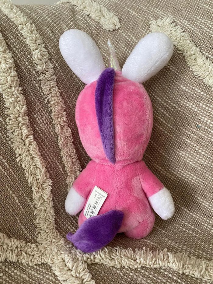 Peluche doudou 25cm lapins cretins déguisé en licorne rose très bon état - photo numéro 3