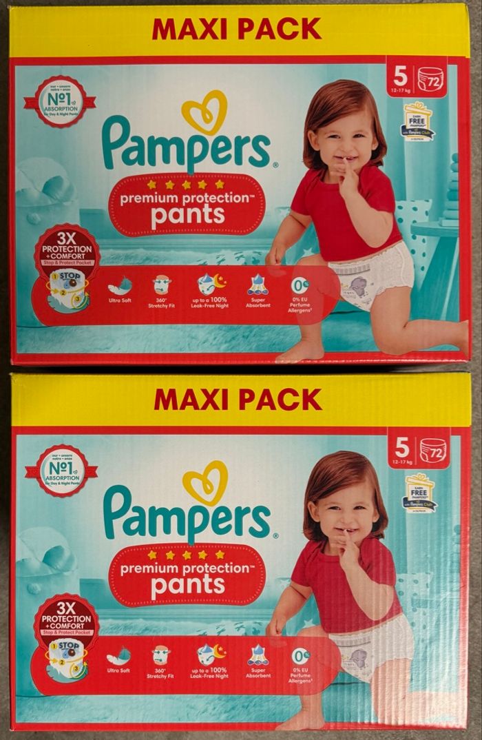 Lot de 2 cartons de couches Pampers Premium Pants taille 5  144 couches