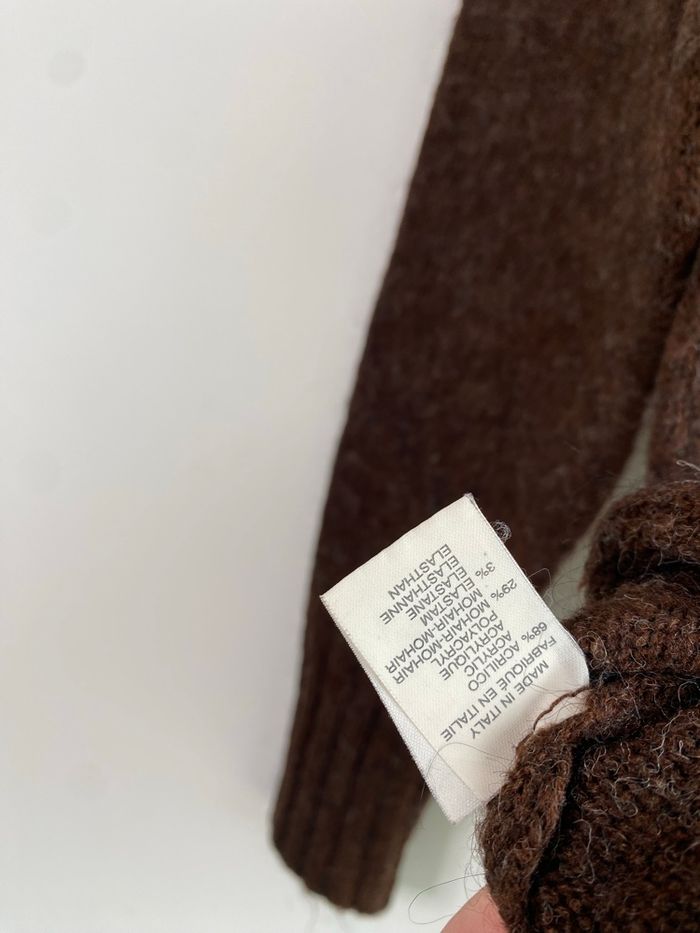 Pull en mohair marron & beige col V à motifs cœur et losange - photo numéro 3