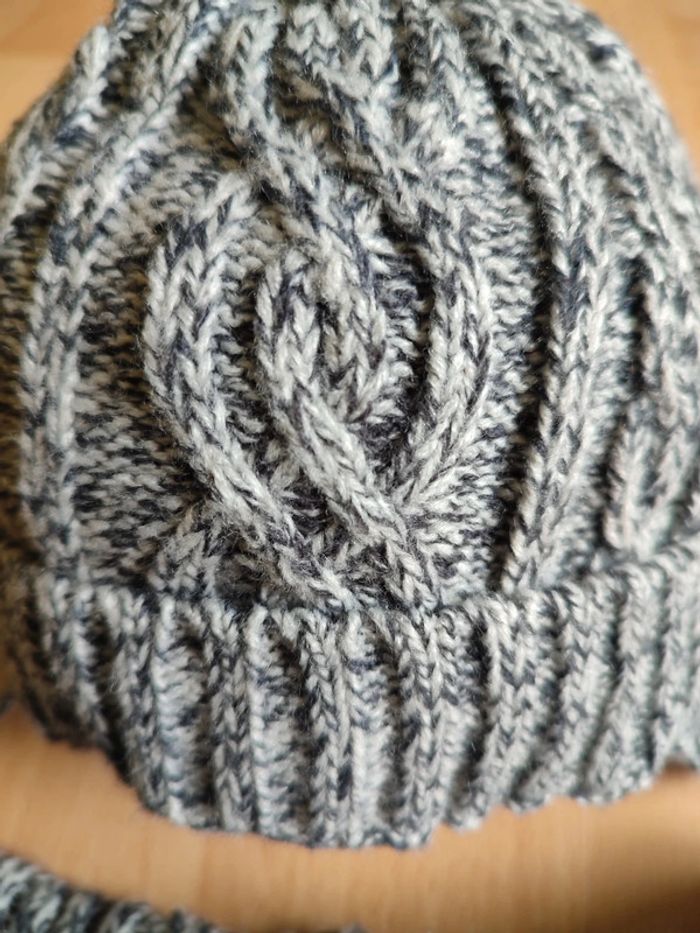 Lot bonnet + snood + moufles gris et marine chiné 6-12M LH - photo numéro 2