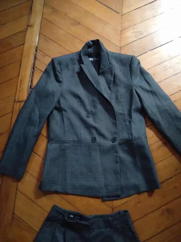 Tailleur Zara T.S 36 – Veste oversize & pantalon jambe large taille haute, gris chiné - photo numéro 10