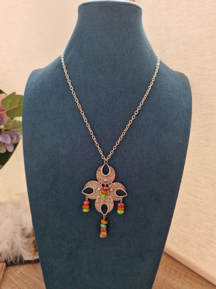 Collier Vintage Ethnique Boheme Argenté Perles Multicolore - photo numéro 3