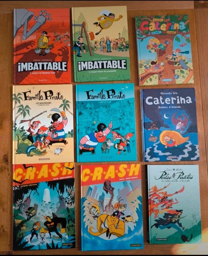 Lot 9 bd super héros et pirates : Imbattable, Crash, Famille pirate, perles et pirates, Caterina