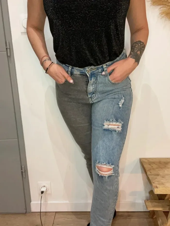 Jean mom taille haute bicolore