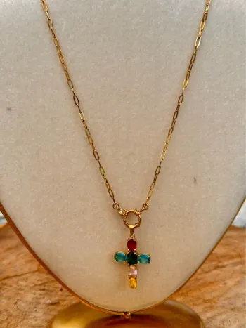 Collier mailles larges acier inoxydable or fermoir bouée grosse croix cristaux couleurs