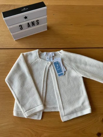 Gilet ML 1 bouton maille piquée, blanc écru, 5% cachemire NEUF - Taille 36 Mois/3 Ans