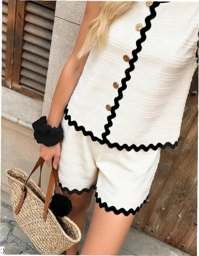 Ensemble S Blanc Texturé Top + Short - Finitions Zigzag Noir Boutons Dorés Neuf Jamais Porté