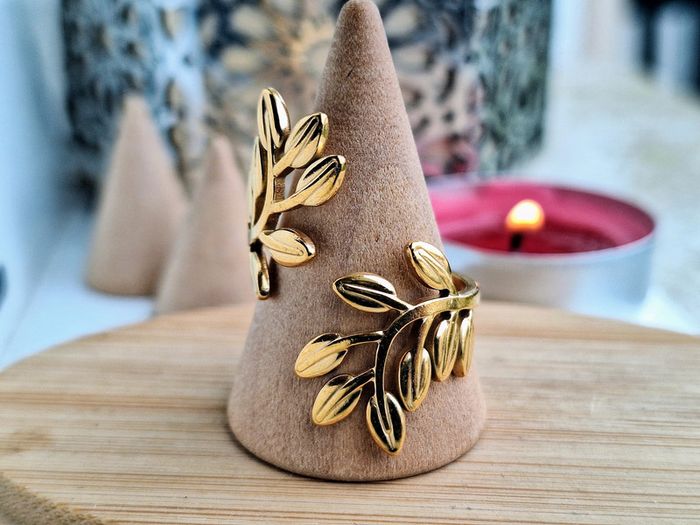 Bague Ouverte Doré motif feuilles acier inoxydable Bague design ouvert Ajustable bague Pour elle - photo numéro 4