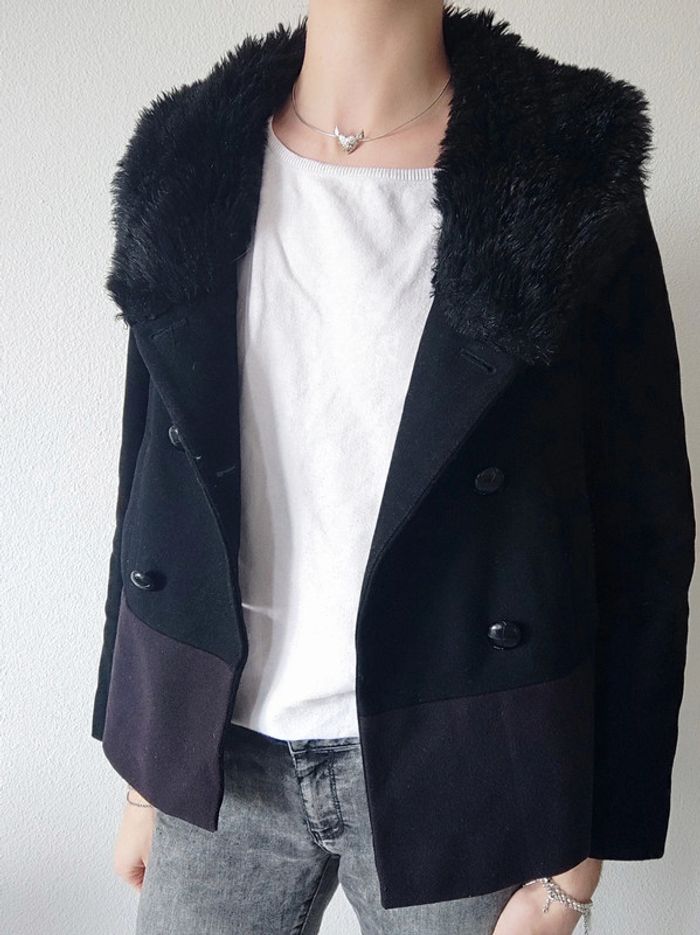 Manteau caban noir violet laine col fausse fourrure / Etam - 34XS à 36/S - photo numéro 6