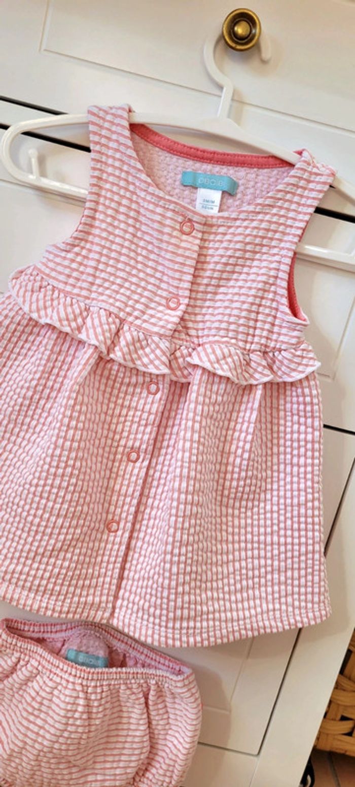 Magnifique Ensemble Robe et Culotte Vichy rose et blanc Obaïbi 3mois Neuf - photo numéro 2